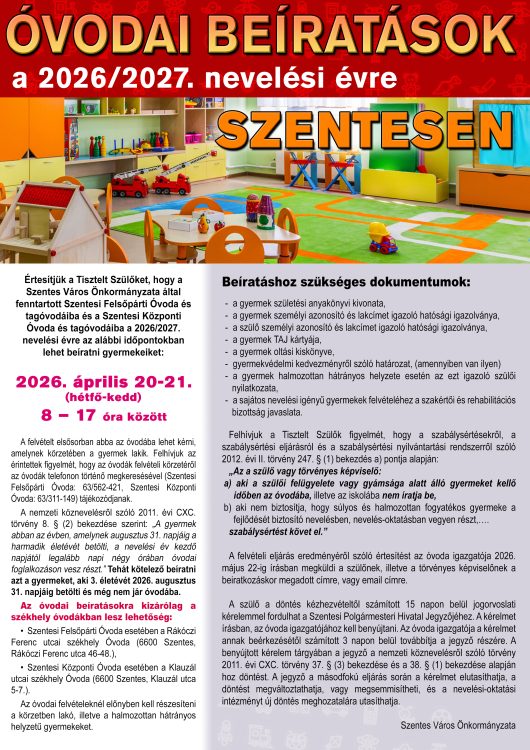 ÓVODAI BEÍRATÁSOK SZENTESEN a 2026/2027. nevelési évre